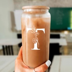 Monogram T Initial Glass Cup 16 Oz Can Coffee Cups With Lid And Straw - Gifts For Womens On Birthday -Gift Series Store FBSJFSCIPV301223020 20mk6
