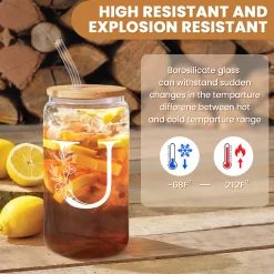 Monogram U Initial Glass Cup 16 Oz Can Coffee Cups With Lid And Straw - Gifts For Womens On Birthday -Gift Series Store FBSJFSCIPV301223021 20mk3