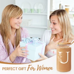 Monogram U Initial Glass Cup 16 Oz Can Coffee Cups With Lid And Straw - Gifts For Womens On Birthday -Gift Series Store FBSJFSCIPV301223021 20mk5