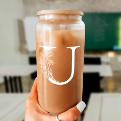 Monogram U Initial Glass Cup 16 Oz Can Coffee Cups With Lid And Straw - Gifts For Womens On Birthday -Gift Series Store FBSJFSCIPV301223021 20mk6
