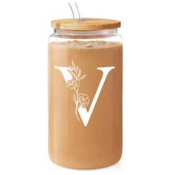 Monogram V Initial Glass Cup 16 Oz Can Coffee Cups With Lid And Straw - Gifts For Womens On Birthday