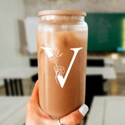 Monogram V Initial Glass Cup 16 Oz Can Coffee Cups With Lid And Straw - Gifts For Womens On Birthday -Gift Series Store FBSJFSCIPV301223022 20mk6