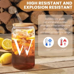 Monogram W Initial Glass Cup 16 Oz Can Coffee Cups With Lid And Straw - Gifts For Womens On Birthday -Gift Series Store FBSJFSCIPV301223023 20mk3