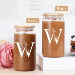 Monogram W Initial Glass Cup 16 Oz Can Coffee Cups With Lid And Straw - Gifts For Womens On Birthday -Gift Series Store FBSJFSCIPV301223023 20mk4