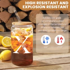 Monogram X Initial Glass Cup 16 Oz Can Coffee Cups With Lid And Straw - Gifts For Womens On Birthday -Gift Series Store FBSJFSCIPV301223024 20mk3