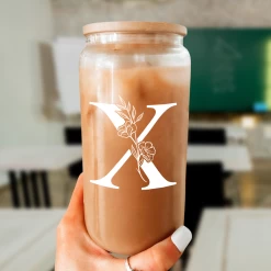Monogram X Initial Glass Cup 16 Oz Can Coffee Cups With Lid And Straw - Gifts For Womens On Birthday -Gift Series Store FBSJFSCIPV301223024 20mk6
