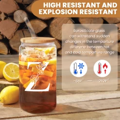 Monogram Z Initial Glass Cup 16 Oz Can Coffee Cups With Lid And Straw - Gifts For Womens On Birthday -Gift Series Store FBSJFSCIPV301223026 20mk3