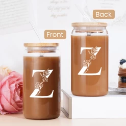 Monogram Z Initial Glass Cup 16 Oz Can Coffee Cups With Lid And Straw - Gifts For Womens On Birthday -Gift Series Store FBSJFSCIPV301223026 20mk4