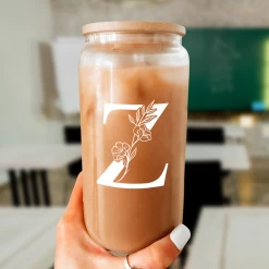 Monogram Z Initial Glass Cup 16 Oz Can Coffee Cups With Lid And Straw - Gifts For Womens On Birthday -Gift Series Store FBSJFSCIPV301223026 20mk6