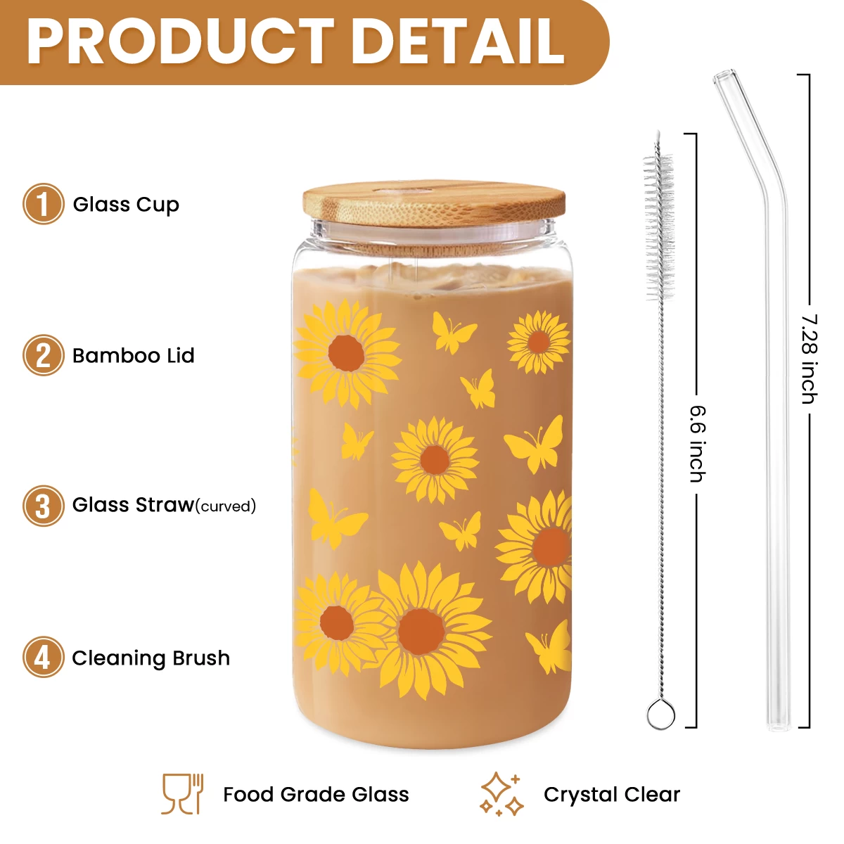 Sunflower Cup 16 Oz Can Glass Coffee Cups With Bamboo Lid And Straw - Sunflower Gifts For Women Birthday 4 Sunflower Cup 16 Oz Can Glass Coffee Cups With Bamboo Lid And Straw - Sunflower Gifts For Women Birthday - Image 2