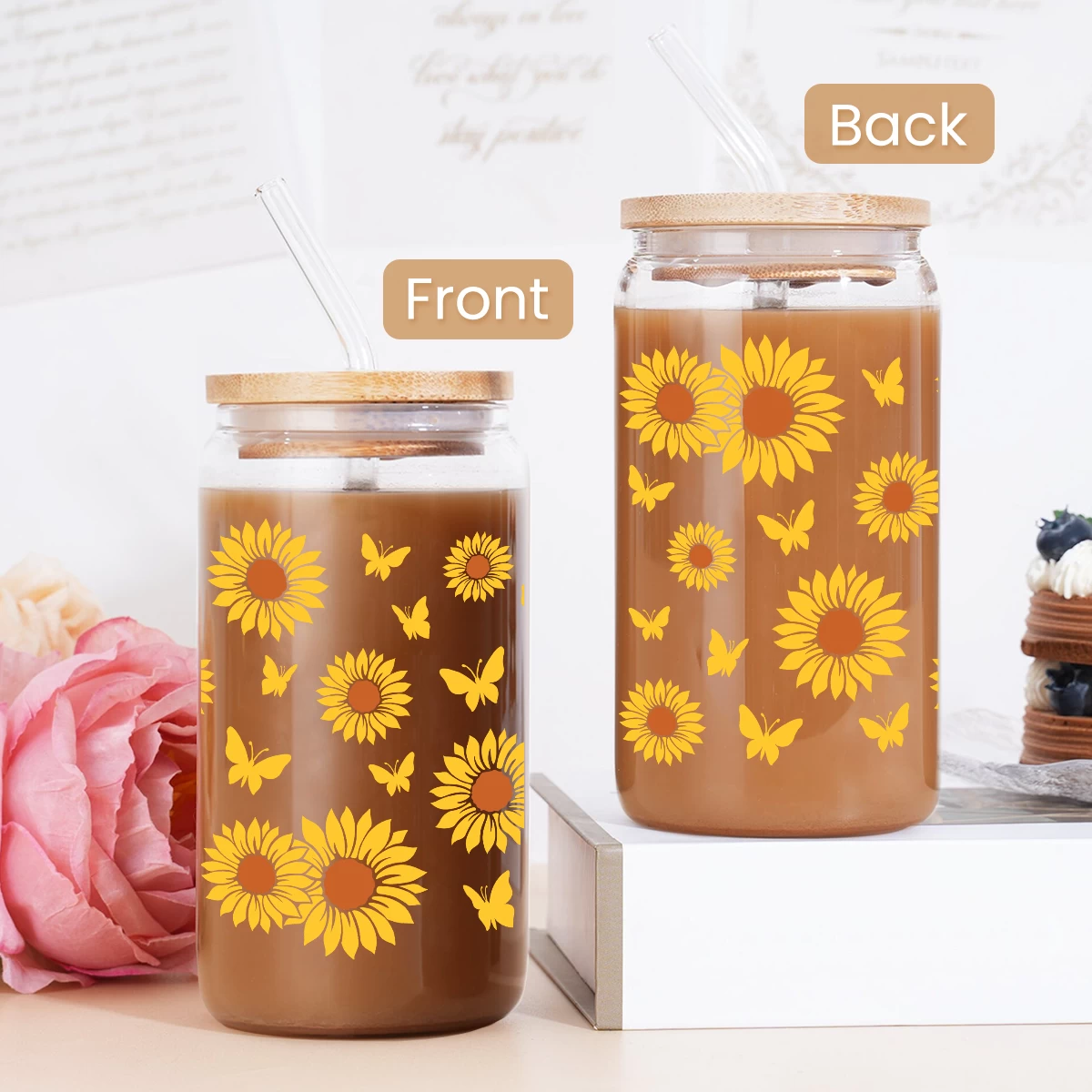 Sunflower Cup 16 Oz Can Glass Coffee Cups With Bamboo Lid And Straw - Sunflower Gifts For Women Birthday 6 Sunflower Cup 16 Oz Can Glass Coffee Cups With Bamboo Lid And Straw - Sunflower Gifts For Women Birthday - Image 4