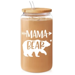 Mom 16 Oz Can Glass Coffee Cup With Bamboo Lid & Straw - Mothers Day Gifts For Mom From Daughter Son