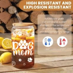 Dog Mom Cup 16 Oz Can Glass Coffee Mug With Bamboo Lid & Straw - Dog Lover Gifts For Women -Gift Series Store FBSJFSNAPV221223002 20mk3