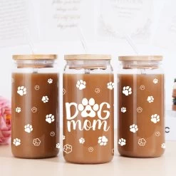 Dog Mom Cup 16 Oz Can Glass Coffee Mug With Bamboo Lid & Straw - Dog Lover Gifts For Women -Gift Series Store FBSJFSNAPV221223002 20mk4