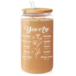 Inspirational 16 Oz Can Glass Coffee Cup With Bamboo Lid & Straw - Christian Gifts For Women
