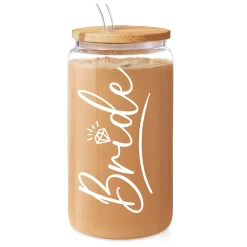 Bride Glass Coffee Cup 16 Oz With Bamboo Lid And Straw - Bridal Shower Gift