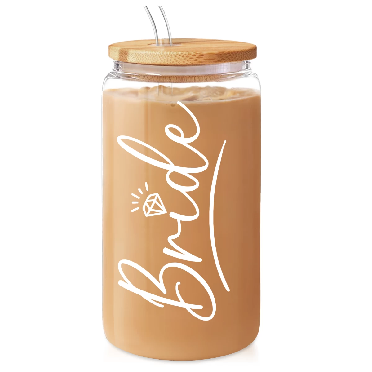 Bride Glass Coffee Cup 16 Oz With Bamboo Lid And Straw - Bridal Shower Gift 3 Bride Glass Coffee Cup 16 Oz With Bamboo Lid And Straw - Bridal Shower Gift