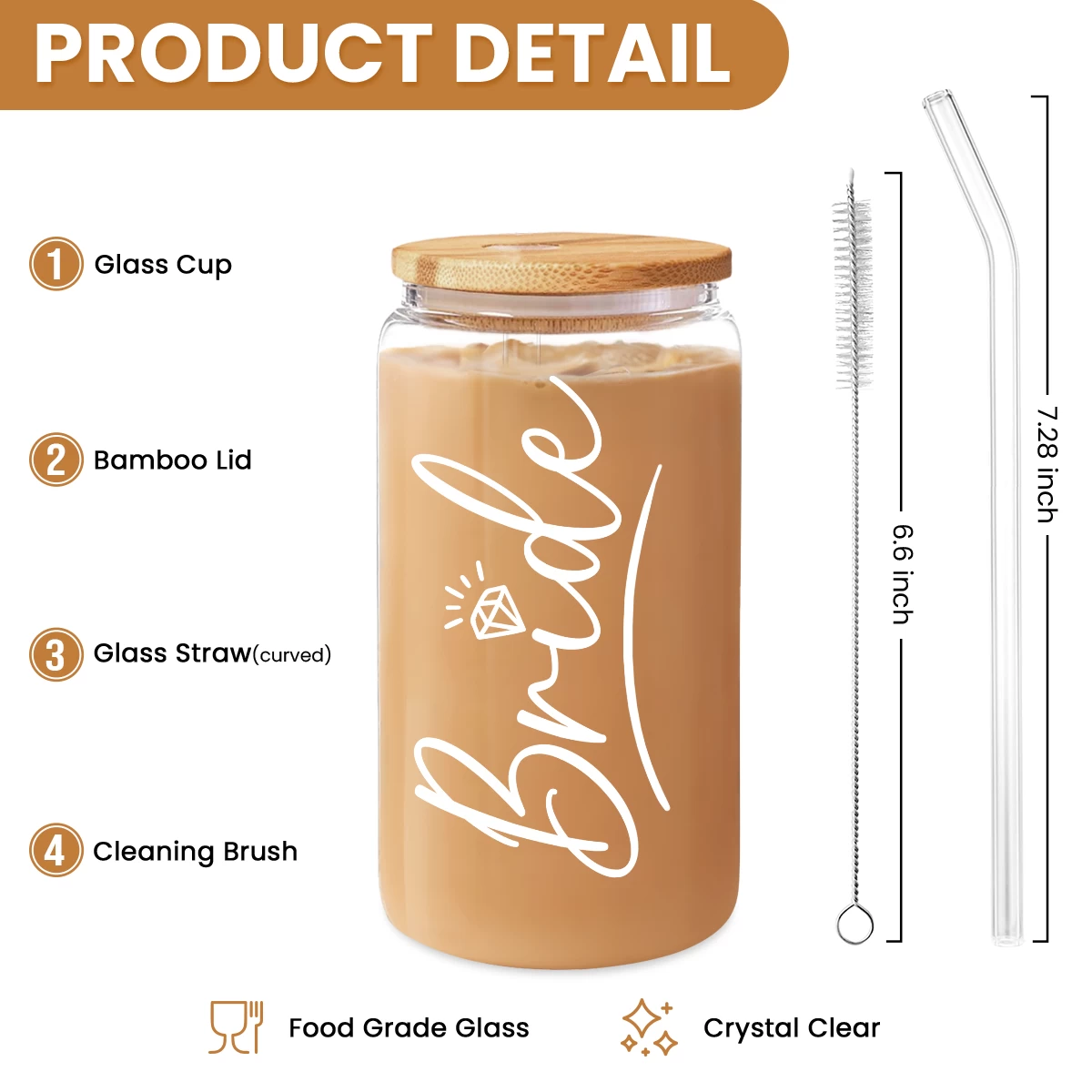 Bride Glass Coffee Cup 16 Oz With Bamboo Lid And Straw - Bridal Shower Gift 4 Bride Glass Coffee Cup 16 Oz With Bamboo Lid And Straw - Bridal Shower Gift - Image 2
