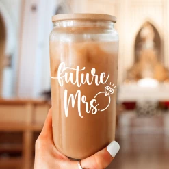 Future Mrs Glass Coffee Cup 16 Oz With Bamboo Lid And Straw - Bridal Shower Gift -Gift Series Store FBSJFSTNPV221223001 20mk6