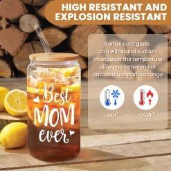 Mom 16 Oz Can Glass Coffee Cup With Bamboo Lid & Straw - Mothers Gift Gifts For From Daughter Son On Birthday Mothers Day Valentines -Gift Series Store FBSJFSUTPV221223001a 20mk3