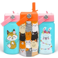Cat Water Bottle - Kids Water Bottle With Straw Lid - 12 Oz Insulated Stainless Steel Water Bottles For Toddlers Kid Boys Girl - Travel Cup For School Sports