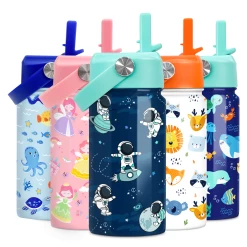 Astronaut Water Bottle - Kids Water Bottle With Straw Lid - 12 Oz Insulated Stainless Steel Water Bottles For Toddlers Kid Boys - Travel Cup For School Sports