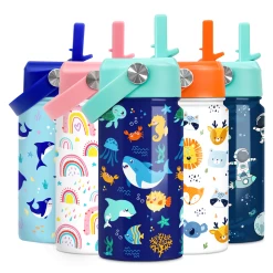 Kids Water Bottle With Straw Lid - 12 Oz Insulated Stainless Steel Ocean Water Bottles For Toddlers Kid Boys Girls - Travel Cup For School Sports