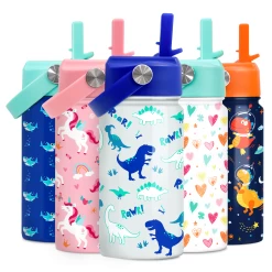Dinosaur Water Bottle - Kids Water Bottle With Straw Lid - 12 Oz Insulated Stainless Steel Water Bottles For Toddlers Kid Boys - Travel Cup For School Sports