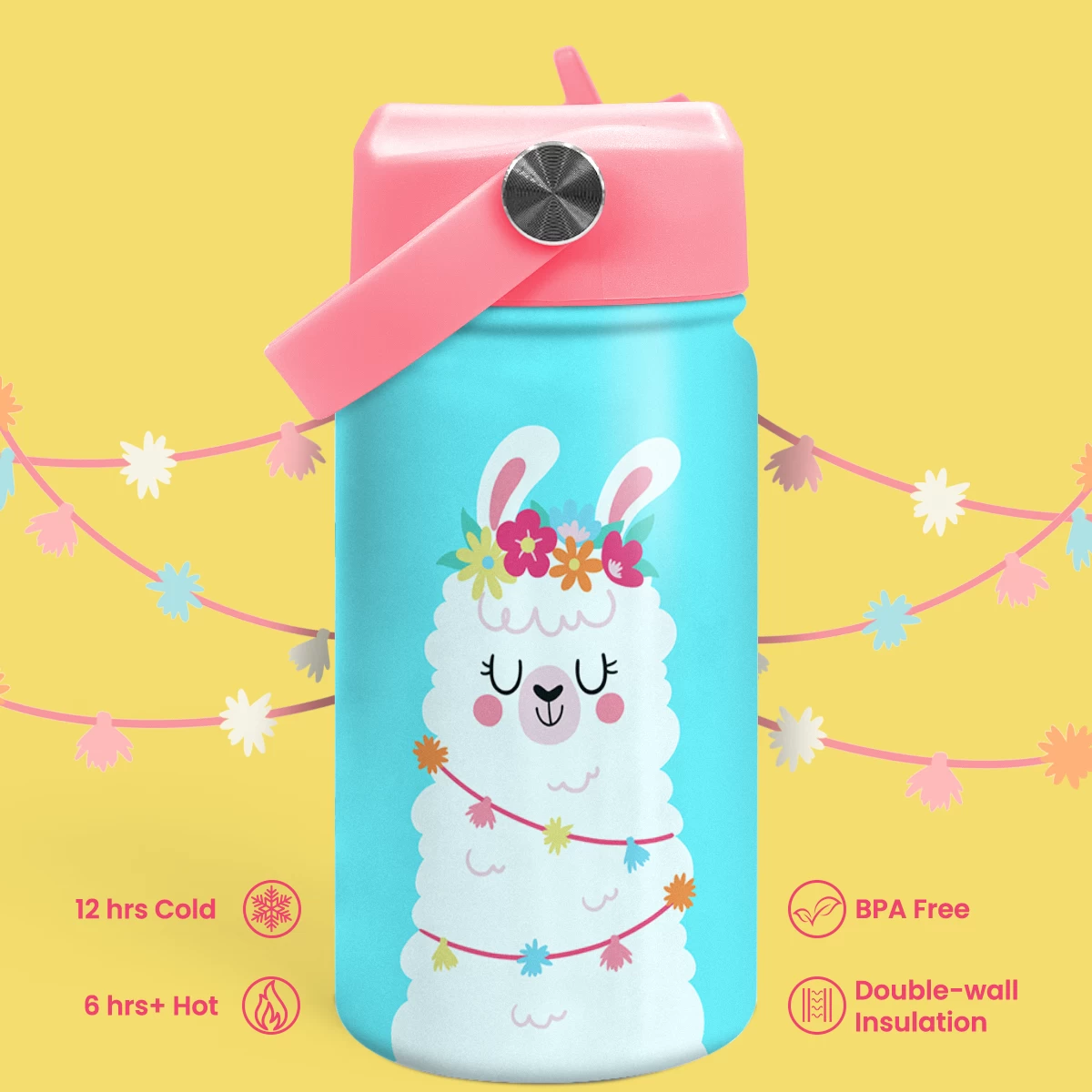 Llama Water Bottle - Kids Water Bottle With Straw Lid - 12 Oz Insulated Stainless Steel Water Bottles For Toddlers Kid Girls - Travel Cup For School Sports 6 Llama Water Bottle - Kids Water Bottle With Straw Lid - 12 Oz Insulated Stainless Steel Water Bottles For Toddlers Kid Girls - Travel Cup For School Sports - Image 4