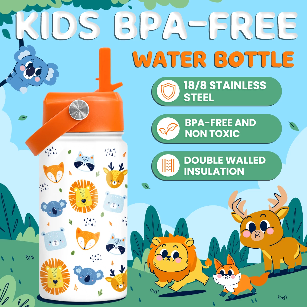 Kids Water Bottle With Straw Lid - 12 Oz Insulated Stainless Steel Animal Water Bottles For Toddlers Kid Boys Girls - Travel Cup For School Sports 4 Kids Water Bottle With Straw Lid - 12 Oz Insulated Stainless Steel Animal Water Bottles For Toddlers Kid Boys Girls - Travel Cup For School Sports - Image 2