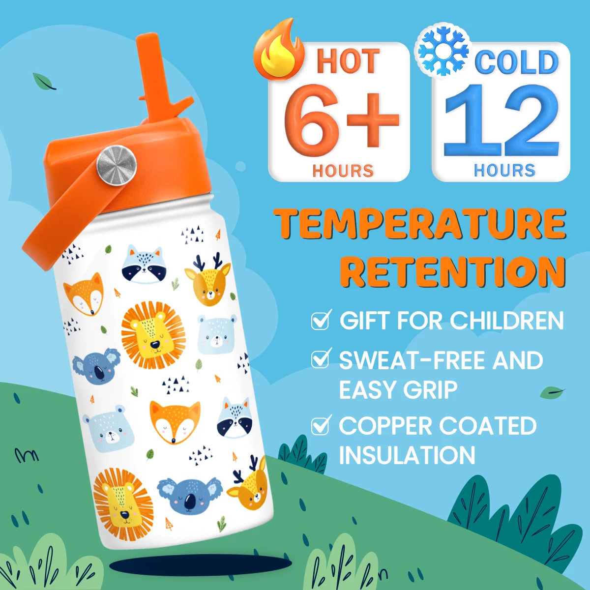 Kids Water Bottle With Straw Lid - 12 Oz Insulated Stainless Steel Animal Water Bottles For Toddlers Kid Boys Girls - Travel Cup For School Sports 6 Kids Water Bottle With Straw Lid - 12 Oz Insulated Stainless Steel Animal Water Bottles For Toddlers Kid Boys Girls - Travel Cup For School Sports - Image 4