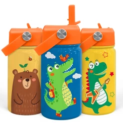 Crocodile Water Bottle - Kids Water Bottle With Straw Lid - 12 Oz Insulated Stainless Steel Water Bottles For Toddlers Kid Boys - Travel Cup For School Sports
