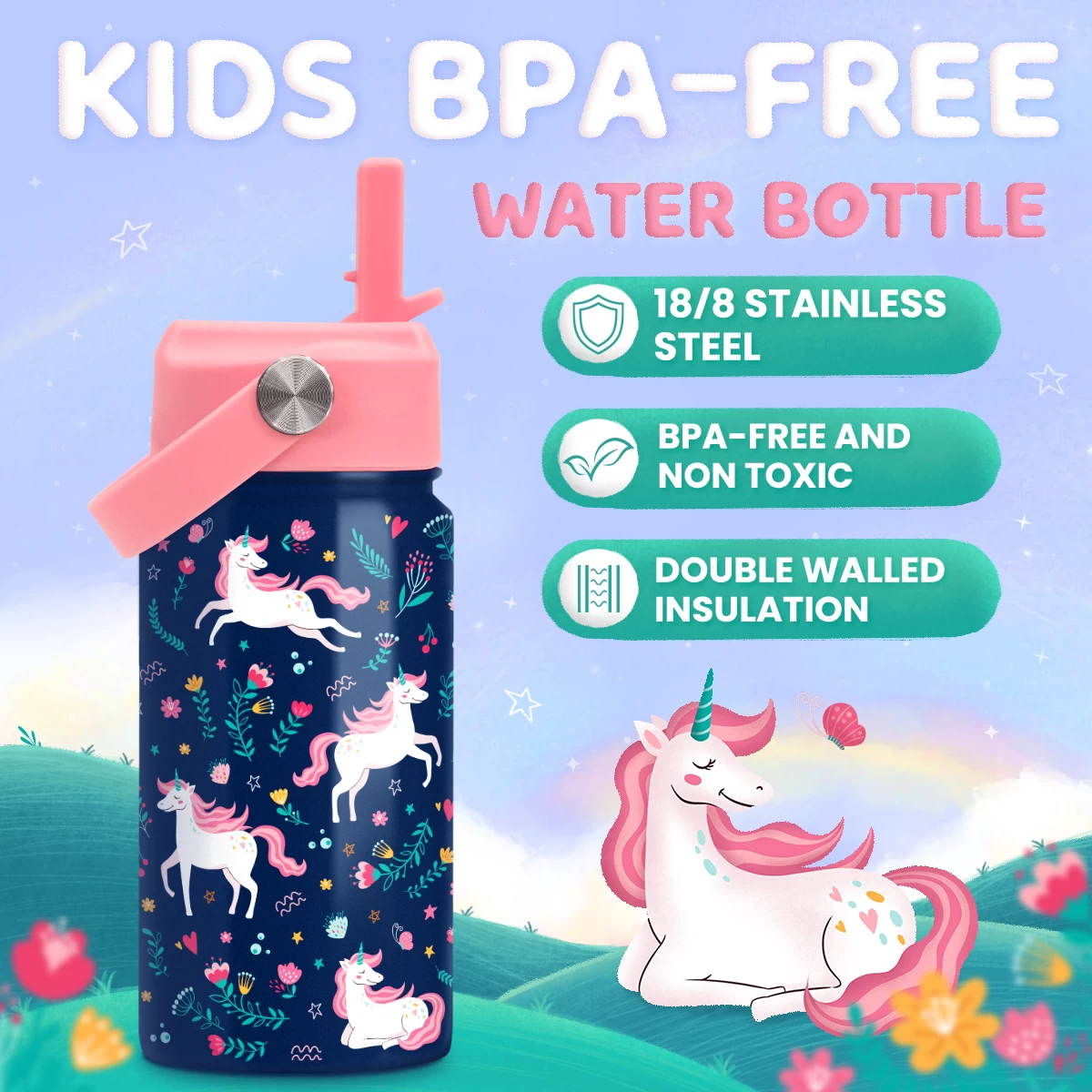 Unicorn Water Bottle - Kids Water Bottle With Straw Lid - 12 Oz Insulated Stainless Steel Water Bottles For Toddlers Kid Girl - Travel Cup For School Sports 4 Unicorn Water Bottle - Kids Water Bottle With Straw Lid - 12 Oz Insulated Stainless Steel Water Bottles For Toddlers Kid Girl - Travel Cup For School Sports - Image 2