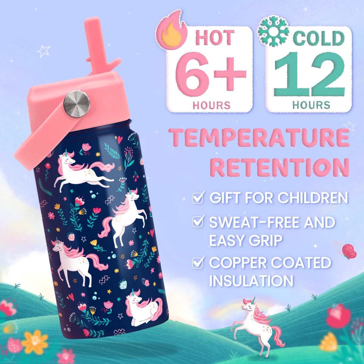 Unicorn Water Bottle - Kids Water Bottle With Straw Lid - 12 Oz Insulated Stainless Steel Water Bottles For Toddlers Kid Girl - Travel Cup For School Sports 6 Unicorn Water Bottle - Kids Water Bottle With Straw Lid - 12 Oz Insulated Stainless Steel Water Bottles For Toddlers Kid Girl - Travel Cup For School Sports - Image 4