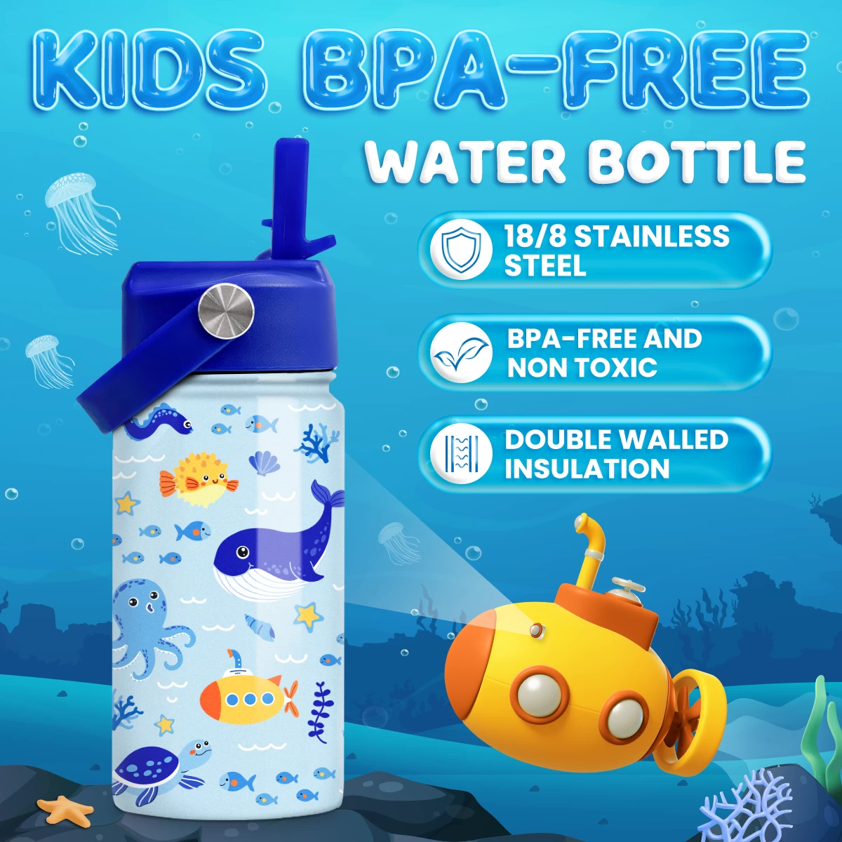 Kids Water Bottle With Straw Lid - 12 Oz Insulated Stainless Steel Ocean Water Bottles For Toddlers Kid Boys - Travel Cup For School Sports 3 Kids Water Bottle With Straw Lid - 12 Oz Insulated Stainless Steel Ocean Water Bottles For Toddlers Kid Boys - Travel Cup For School Sports
