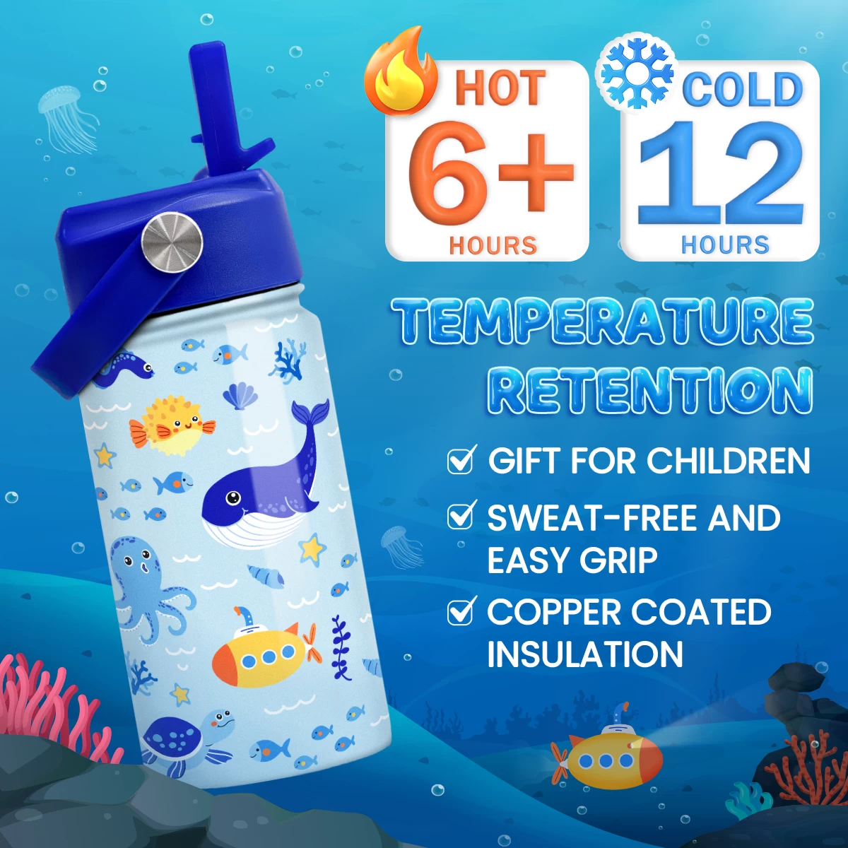 Kids Water Bottle With Straw Lid - 12 Oz Insulated Stainless Steel Ocean Water Bottles For Toddlers Kid Boys - Travel Cup For School Sports 5 Kids Water Bottle With Straw Lid - 12 Oz Insulated Stainless Steel Ocean Water Bottles For Toddlers Kid Boys - Travel Cup For School Sports - Image 3