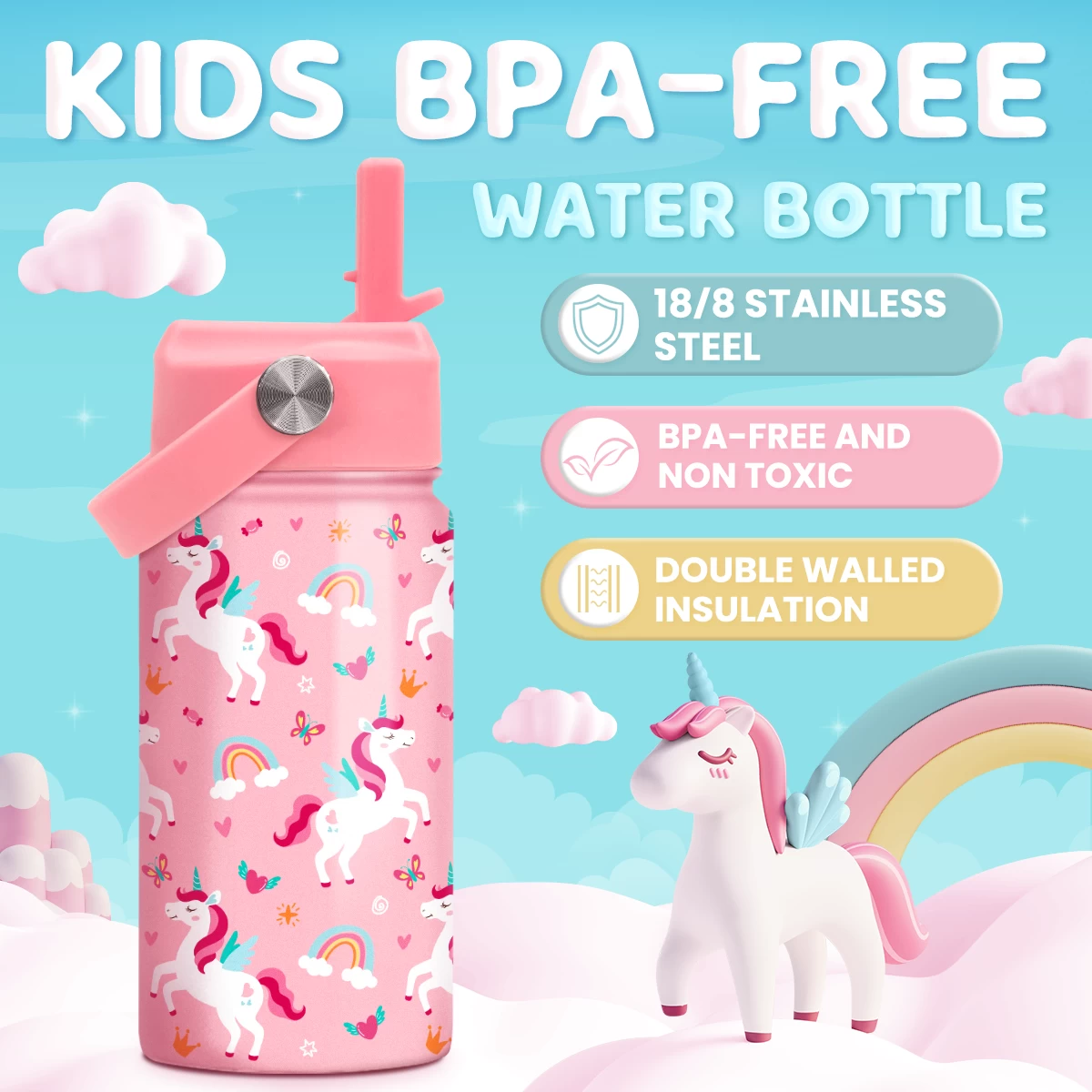Unicorn Water Bottle For Girls - Kids Water Bottle With Straw Lid - 12 Oz Insulated Stainless Steel Water Bottles For Toddlers Kid - Travel Cup For School Sports 4 Unicorn Water Bottle For Girls - Kids Water Bottle With Straw Lid - 12 Oz Insulated Stainless Steel Water Bottles For Toddlers Kid - Travel Cup For School Sports - Image 2