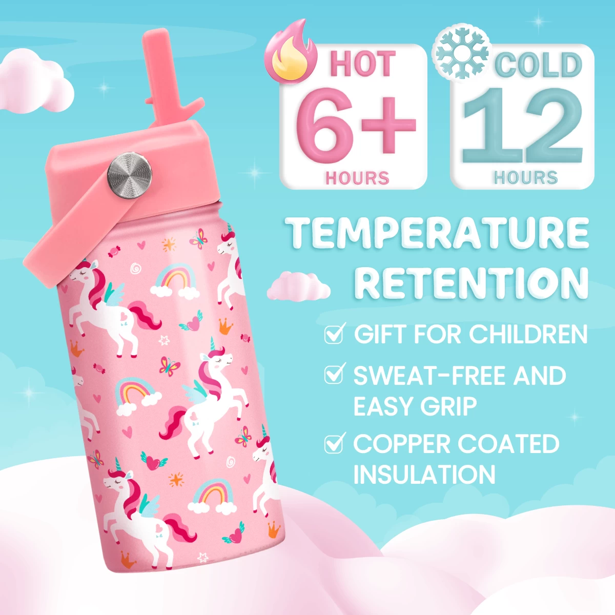 Unicorn Water Bottle For Girls - Kids Water Bottle With Straw Lid - 12 Oz Insulated Stainless Steel Water Bottles For Toddlers Kid - Travel Cup For School Sports 6 Unicorn Water Bottle For Girls - Kids Water Bottle With Straw Lid - 12 Oz Insulated Stainless Steel Water Bottles For Toddlers Kid - Travel Cup For School Sports - Image 4