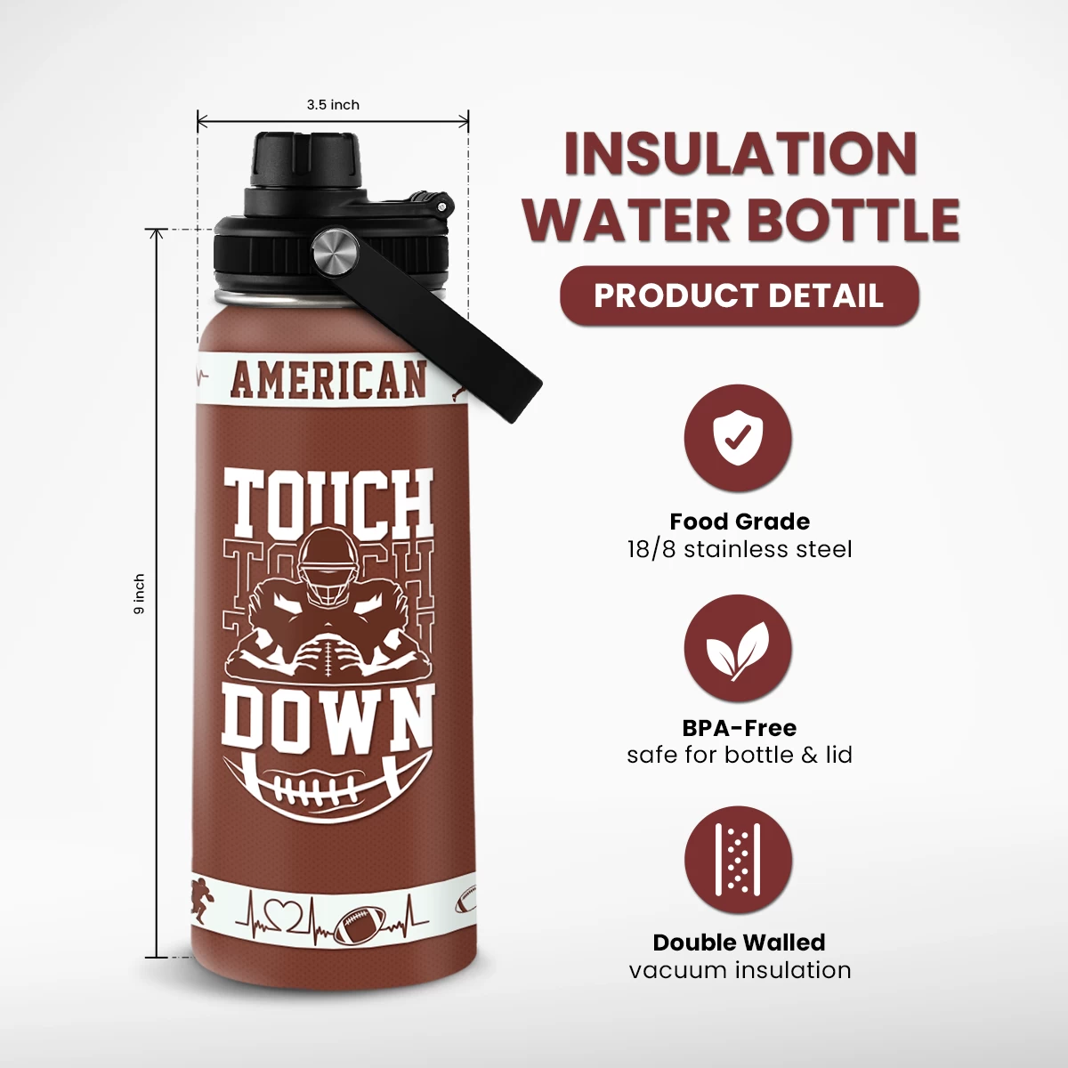 Football Water Bottle With Lid - 32oz Insulated Stainless Steel Sport Bottle - Gifts For Men Football Players Lovers Men 4 Football Water Bottle With Lid - 32oz Insulated Stainless Steel Sport Bottle - Gifts For Men Football Players Lovers Men - Image 2