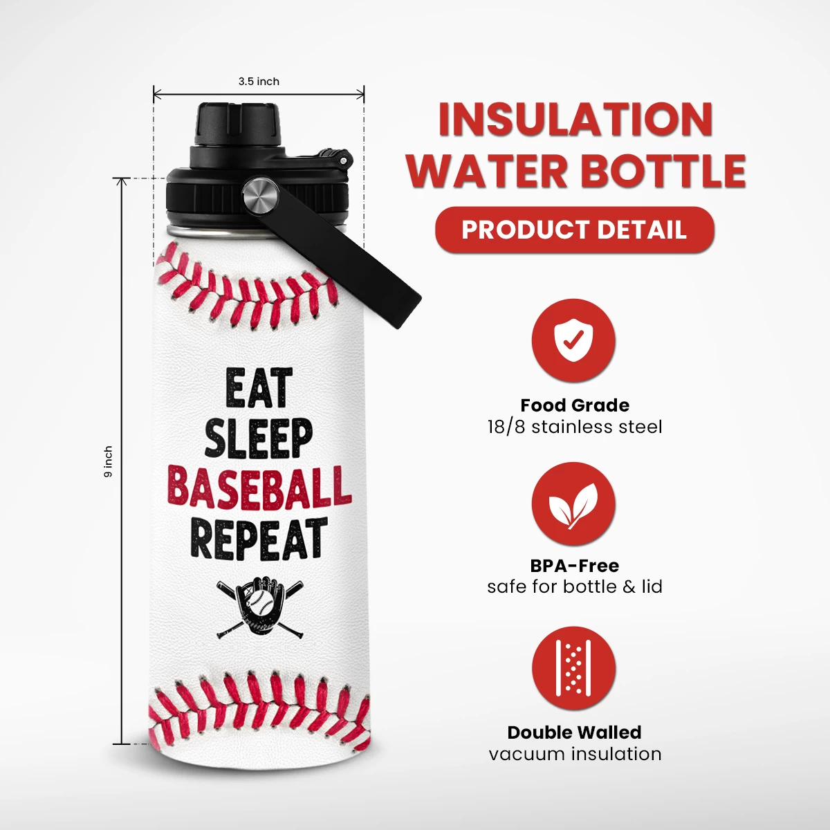 Baseball Water Bottle 32 Oz - Insulated Stainless Steel Sport Bottles With Lid - Baseball Gift For Men Players Fan Coach 4 Baseball Water Bottle 32 Oz - Insulated Stainless Steel Sport Bottles With Lid - Baseball Gift For Men Players Fan Coach - Image 2