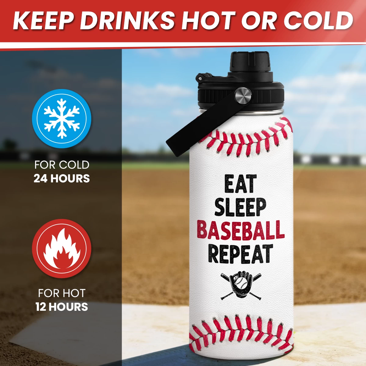 Baseball Water Bottle 32 Oz - Insulated Stainless Steel Sport Bottles With Lid - Baseball Gift For Men Players Fan Coach 5 Baseball Water Bottle 32 Oz - Insulated Stainless Steel Sport Bottles With Lid - Baseball Gift For Men Players Fan Coach - Image 3