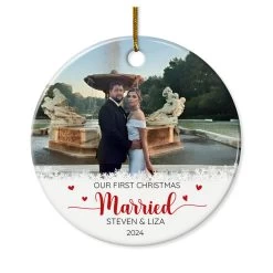 Personalized First Christmas Married Ornament Couple Christmas Ceramic Ornaments With Photo Picture Wedding Marriage Custom Name Keepsake Gift For Couples Newlywed Xmas Tree Decor
