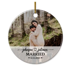 Personalized First Christmas Married Ornament With Photo Picture Wedding Ceramic Ornaments Keepsake Customized Gifts For Couple Newlywed Husband Wife Xmas Tree Decorations