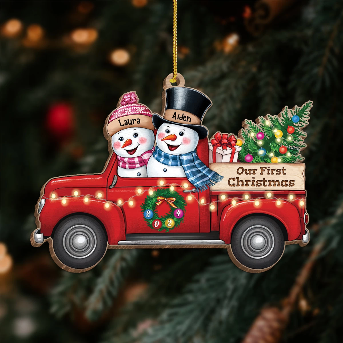 Personalized First Christmas Married Ornament - Custom Red Truck Shaped Wooden Ornament, Newlywed Christmas Ornament, Gifts For Couple Bride Groom 4 Personalized First Christmas Married Ornament - Custom Red Truck Shaped Wooden Ornament, Newlywed Christmas Ornament, Gifts For Couple Bride Groom - Image 2