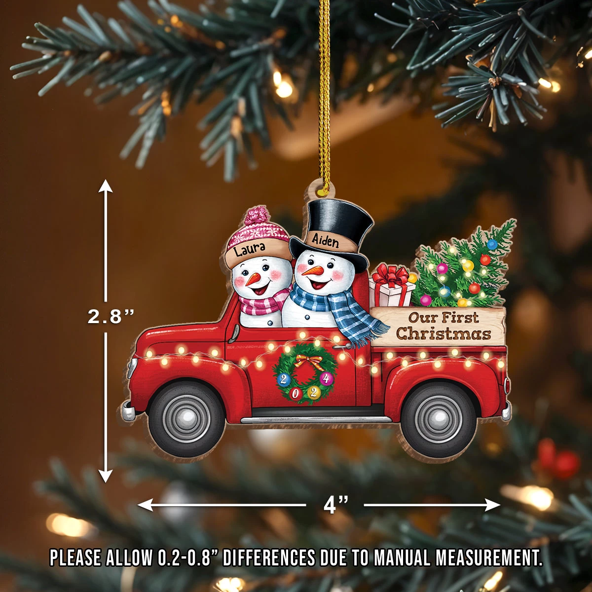 Personalized First Christmas Married Ornament - Custom Red Truck Shaped Wooden Ornament, Newlywed Christmas Ornament, Gifts For Couple Bride Groom 8 Personalized First Christmas Married Ornament - Custom Red Truck Shaped Wooden Ornament, Newlywed Christmas Ornament, Gifts For Couple Bride Groom - Image 6