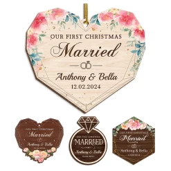Personalized First Christmas Married Ornament - Custom Shaped Wooden Ornament, Newlywed Christmas Ornament, Gifts For Couple Bride Groom Bridal Shower