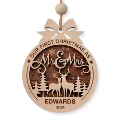 Personalized Christmas Ornament For Couples - Just Married, 2 Layered Wooden Design, First Christmas Keepsake
