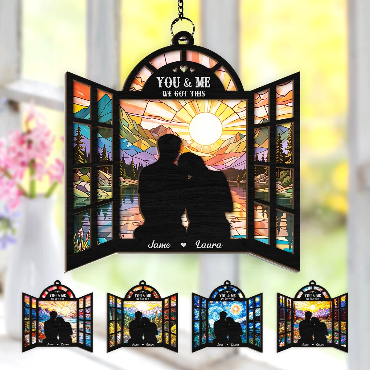 Personalized Couple Suncatcher Ornament You & Me We Got This, Gift For Wedding, Engagement Christmas Decoration, Window Hanging Sign 4 Personalized Couple Suncatcher Ornament You & Me We Got This, Gift For Wedding, Engagement Christmas Decoration, Window Hanging Sign - Image 2