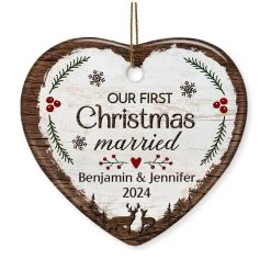 Personalized Our First Christmas Ornament Married Couple Deer Ceramic Ornaments 2024 For Married Couple Lovers Husband Wife Heart Ornaments