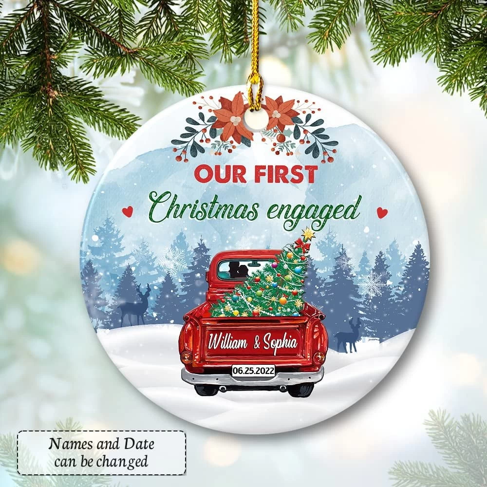 Personalized Ceramic Ornament First Xmas Engaged Red Truck 4 Personalized Ceramic Ornament First Xmas Engaged Red Truck - Image 2